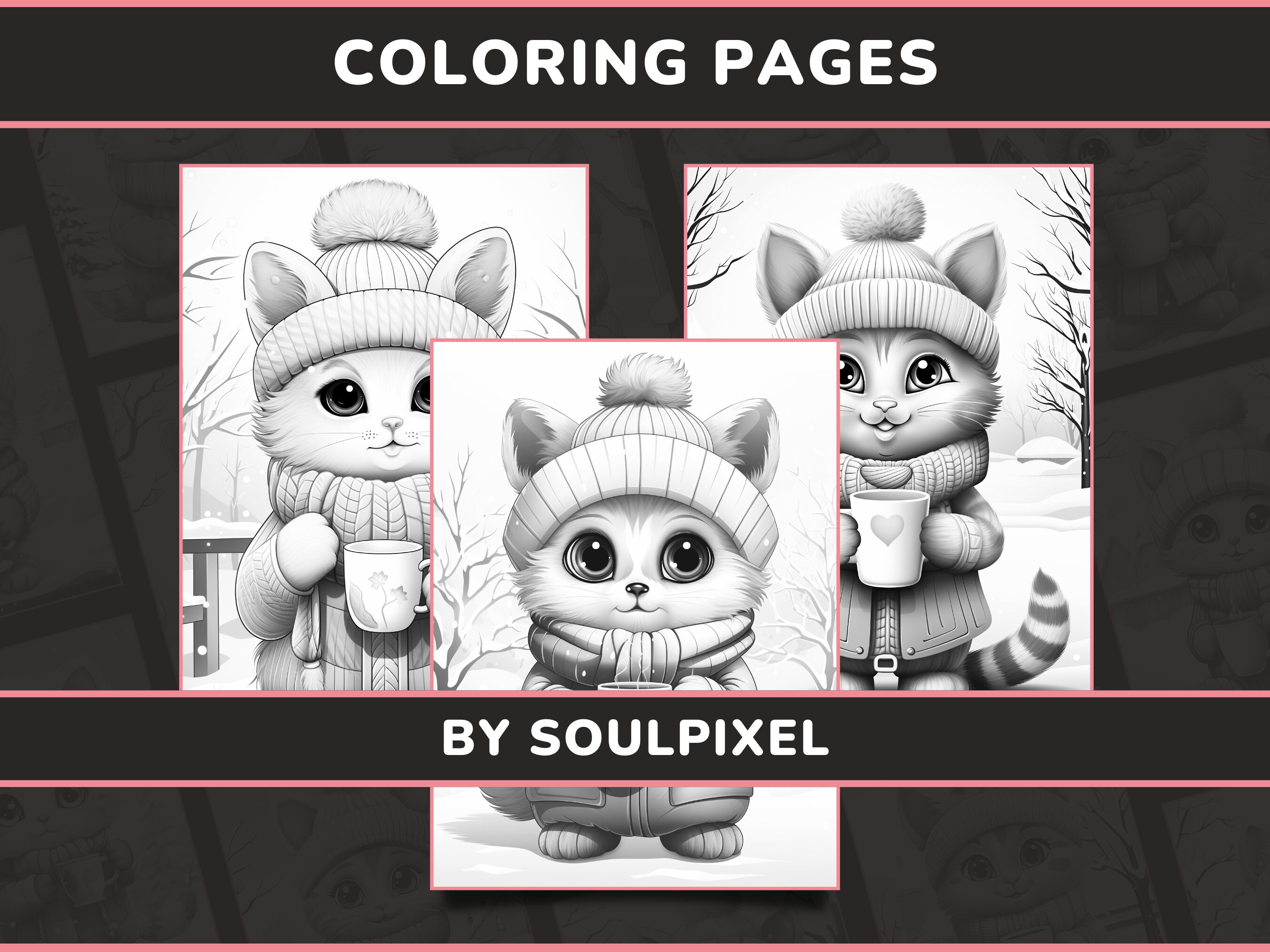 20 Snowy Kitten Sips Coloring Pages for Adults Set 1 Anthropomorphic ...