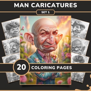 20 páginas para colorear de caricaturas masculinas para adultos - Set 1 / Libro para colorear de retratos masculinos divertidos en escala de grises, descarga digital (PDF imprimible)