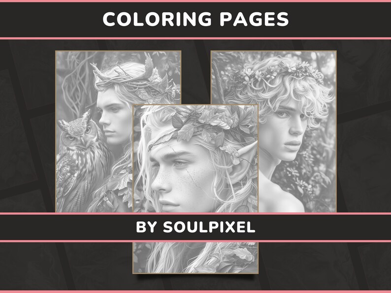 20 Male Druids &amp; Elves Coloring Pages Set 1 Fantasy Men Grayscale ...
