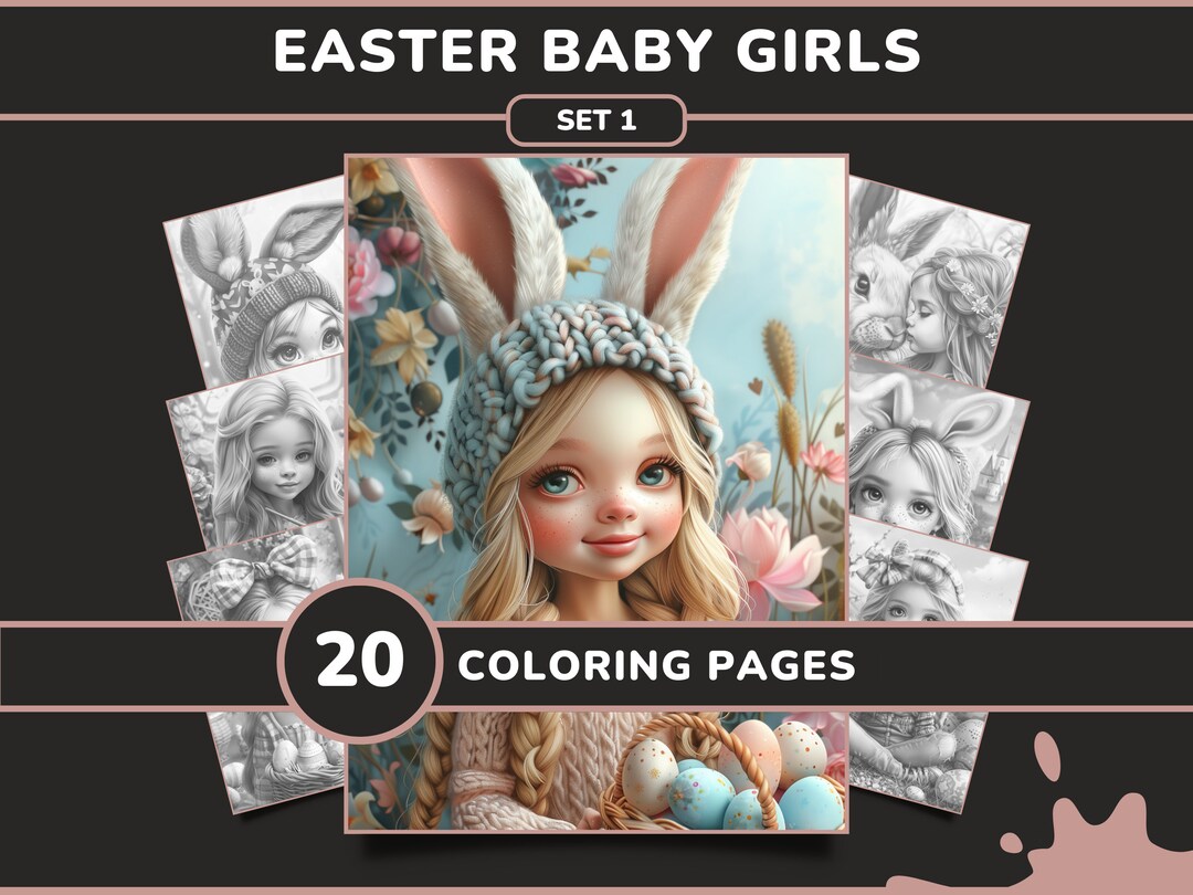 20 Easter Baby Girls Coloring Pages for Adults Set 1 Cute Girls & Easter Bunny Printable ...