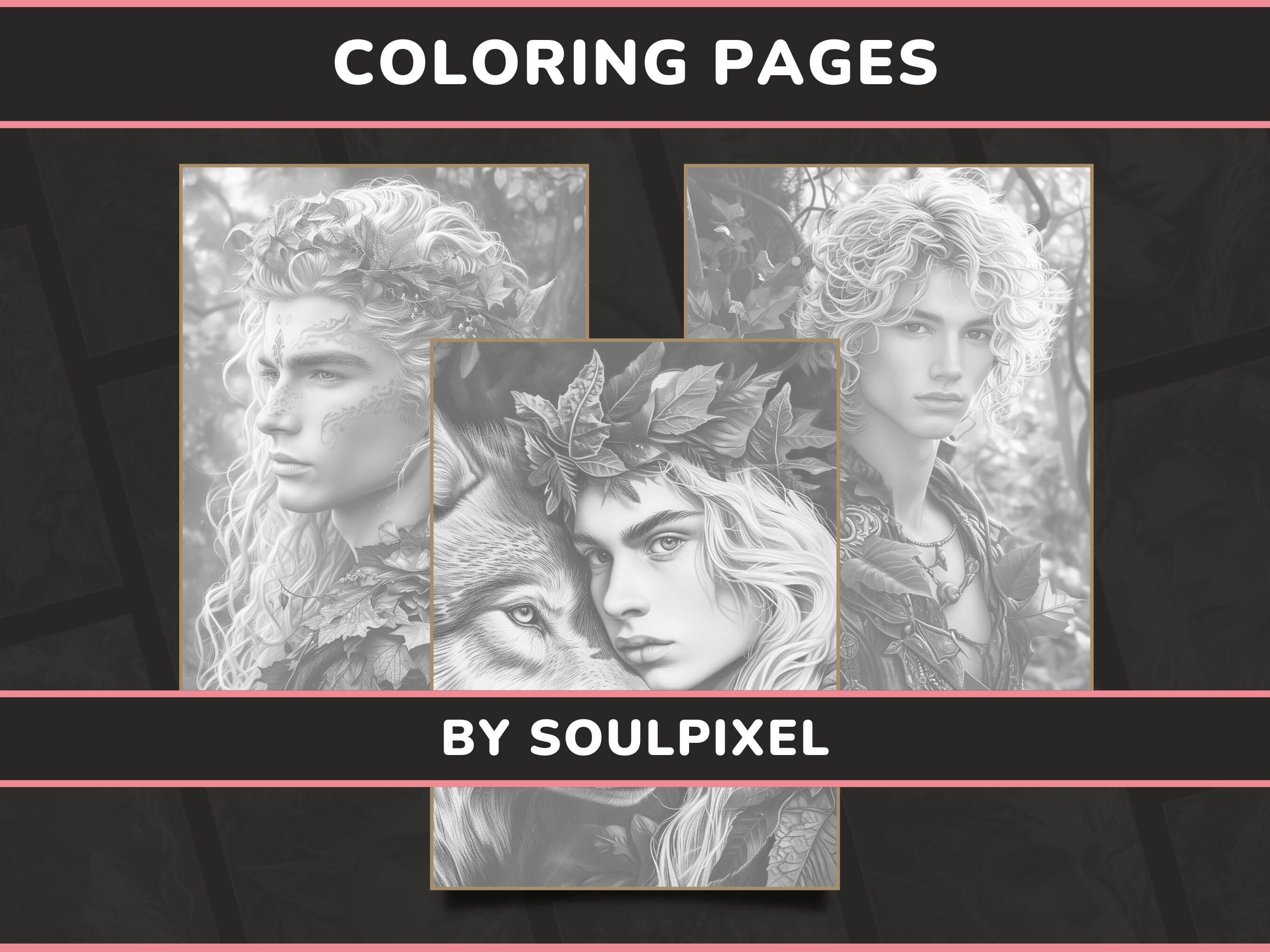 20 Male Druids &amp; Elves Coloring Pages for Adults Set 1 Whimsical ...