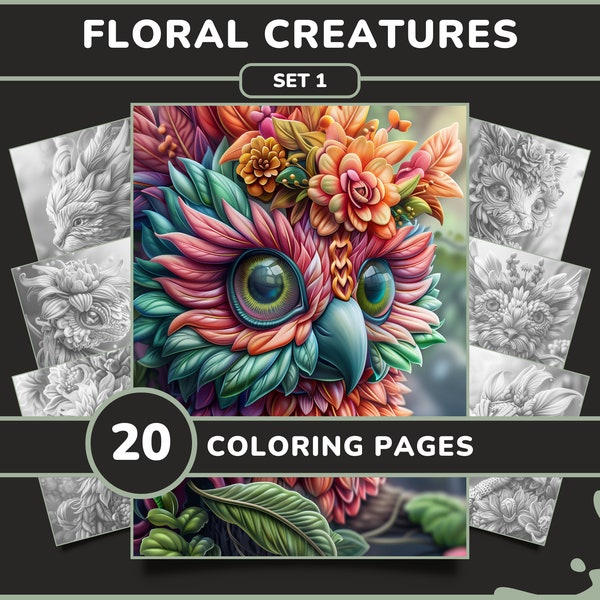 20 Floral Creatures Coloring Pages for Adults - Set 1 | Whimsical Fantasy Animals Printable Grayscale Coloring Book, Digital Download PDF
