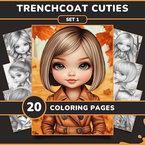 20 Trenchcoat Cuties Coloring Pages for Adults - Set 1 | Autumn Cute Little Girls Grayscale Coloring Book, Digital Download, Printable PDF