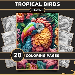 20 Tropical Birds Coloring Pages for Adults - Set 1 | Exotic Birds and Flowers Grayscale Coloring Book, Digital Download Printable PDF