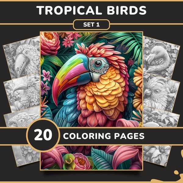20 Tropical Birds Coloring Pages for Adults - Set 1 | Exotic Birds and Flowers, Printable Grayscale Coloring Book, Digital Download PDF