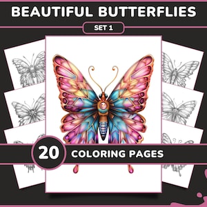 20 Beautiful Butterflies Coloring Pages for Adults - Set 1 | Nautre Fantasy Moths Grayscale Coloring Book, Digital Download Printable PDF