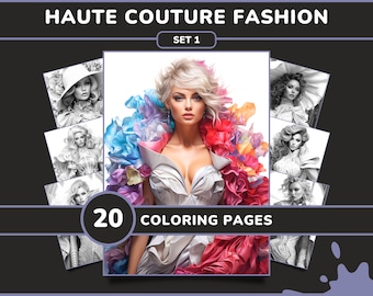 20 Haute Couture Fashion Coloring Pages for Adults - Set 1 | Elegant Women, Printable Grayscale Coloring Book, PDF Digital Download PDF