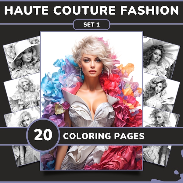 20 Haute Couture Fashion Coloring Pages for Adults - Set 1 | Elegant Women, Printable Grayscale Coloring Book, PDF Digital Download PDF