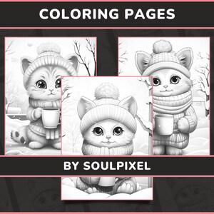 20 Snowy Kitten Sips Coloring Pages for Adults Set 1 Anthropomorphic ...