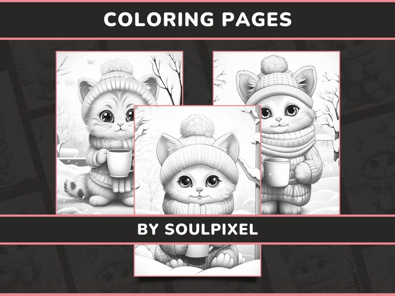 20 Snowy Kitten Sips Coloring Pages for Adults Set 1 Anthropomorphic ...
