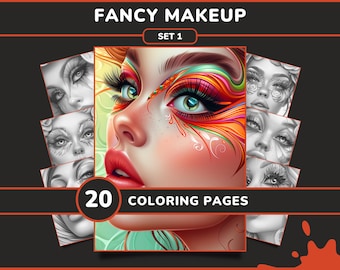 20 Fancy Makeup Coloring Pages for Adults - Set 1 | Beautiful Portraits of Women Grayscale Coloring Book, Digital Download Printable PDF