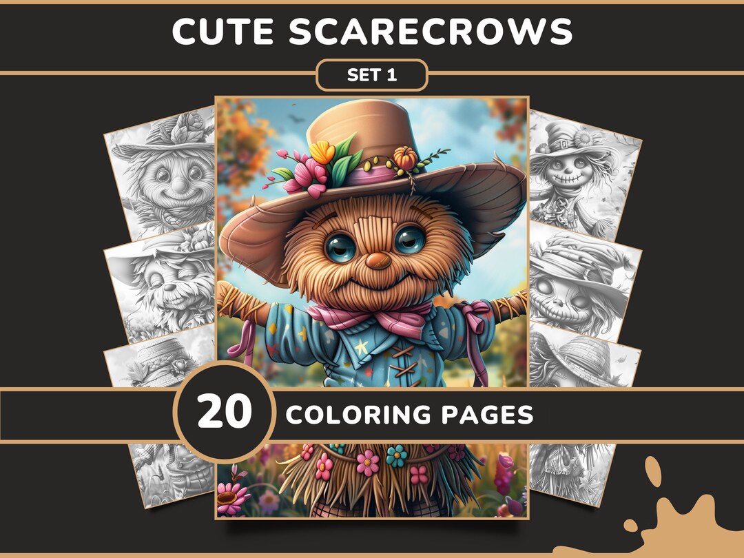 20 Cute Scarecrows Coloring Pages for Adults Set 1 Adorable Spooky ...