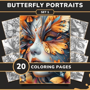 20 Butterfly Portraits Coloring Pages for Adults - Set 1 | Fantasy Faces Surreal Grayscale Coloring Book, Digital Download, Printable PDF