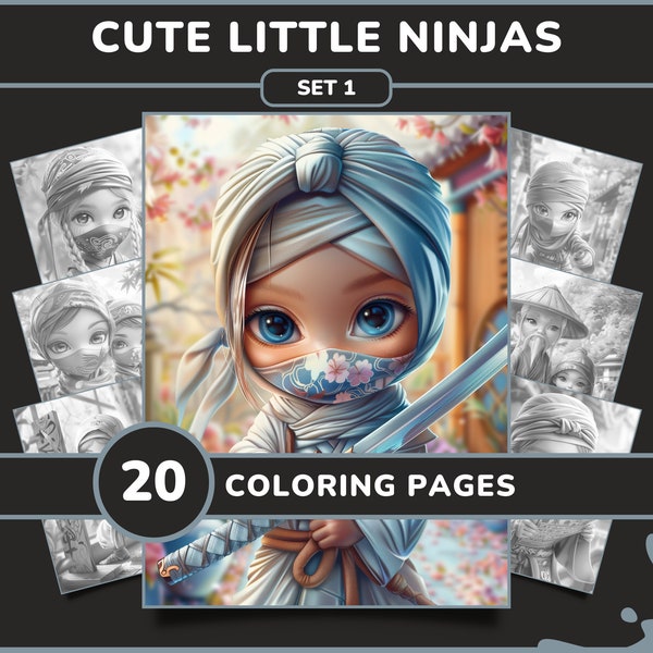 20 Cute little Ninjas Coloring Pages for Adults - Set 1 | Adorable Anime Ninja Kids Printable Grayscale Coloring Book, Digital Download