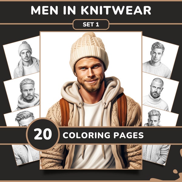 20 Knitwear Fashion Men Coloring Pages for Adults - Set 1 | Autumn Fashion Male Models Printable Grayscale Coloring Book, Digital Download