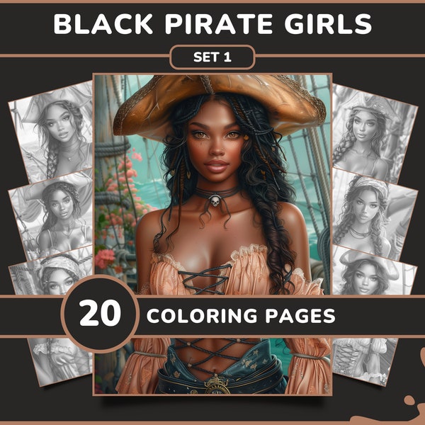 20 Black Pirate Girls Coloring Pages for Adults - Set 1 | Female Pirate Princess Women Printable Grayscale Coloring Book, Digital Download