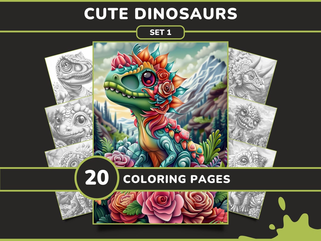 20 Cute Dinosaurs Coloring Pages for Adults - Set 1 | Adorable Fantasy ...