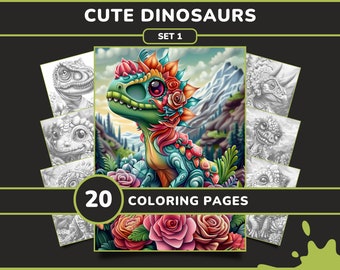 20 Cute Dinosaurs Coloring Pages for Adults - Set 1 | Adorable Fantasy Dinosaurs Grayscale Coloring Book, Digital Download Printable PDF