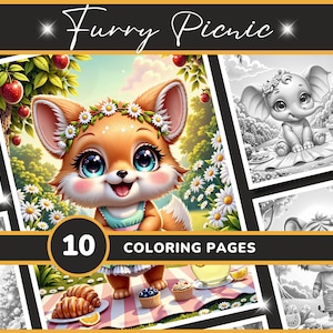 10 Furry Picnic Coloring Pages for Adults - Set 1 | Adorable Baby Animals in Nature Grayscale Coloring Book, Digital Download, Printable PDF