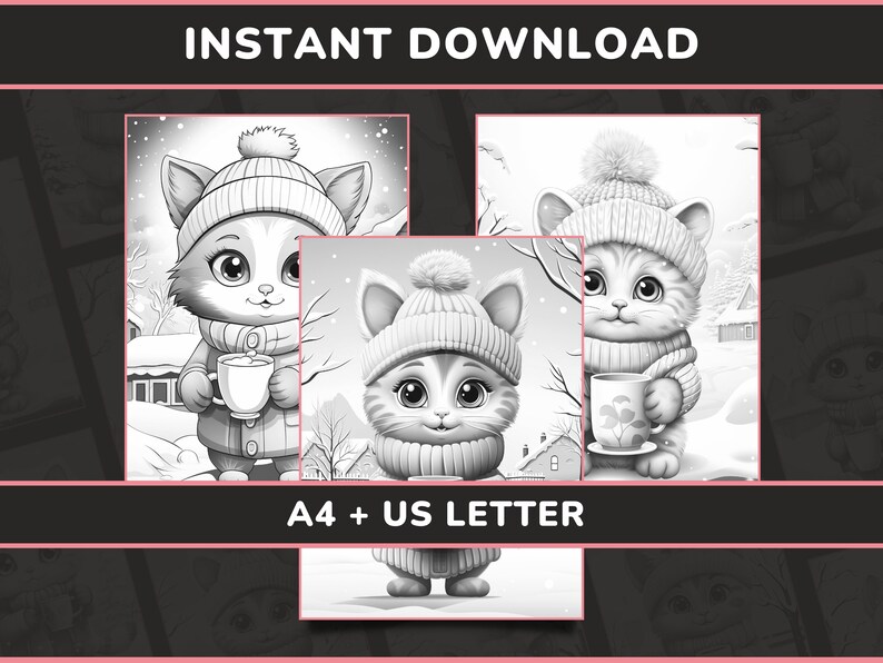 20 Snowy Kitten Sips Coloring Pages for Adults Set 1 Anthropomorphic ...