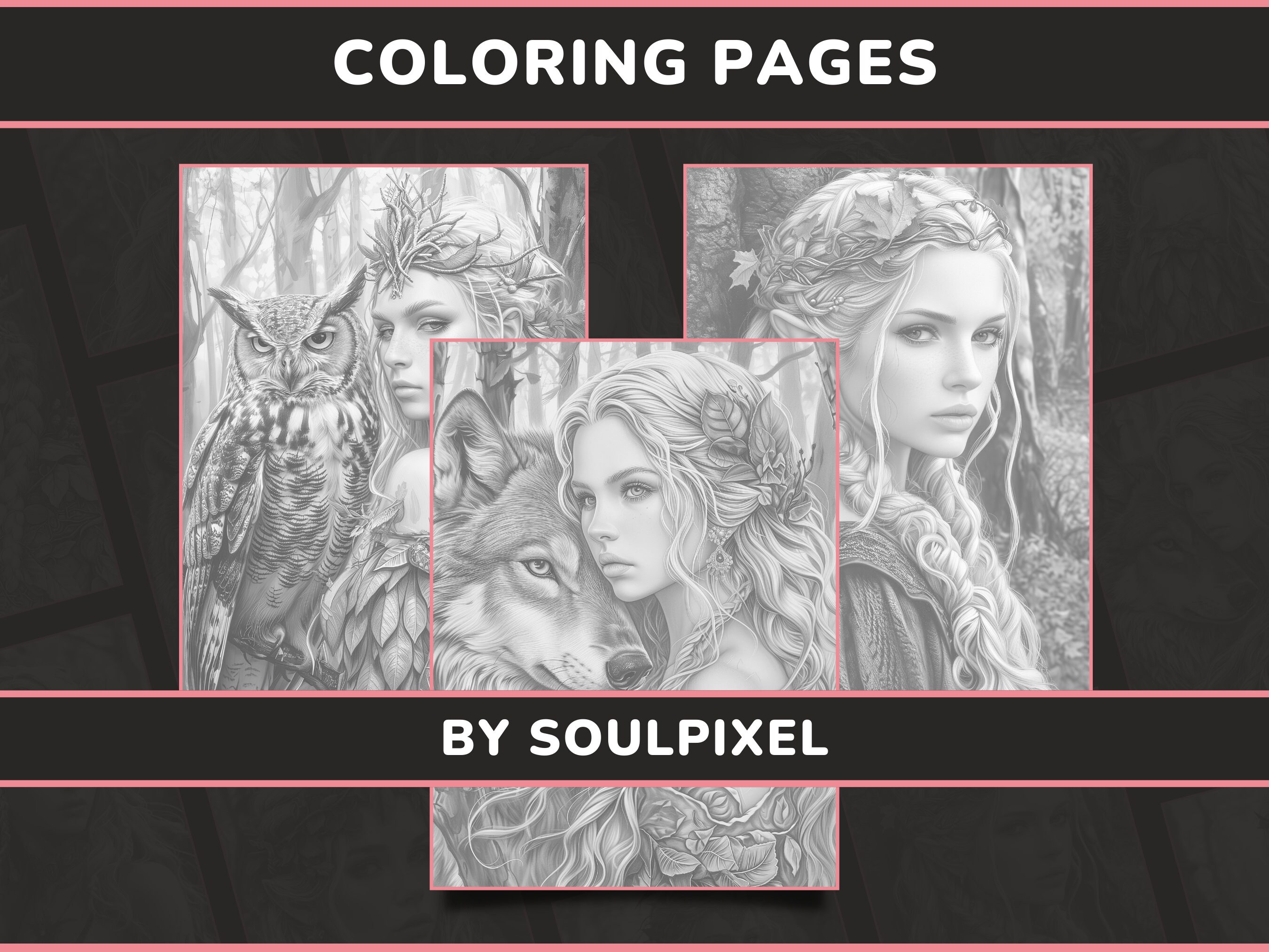 20 Female Druids &amp; Elves Coloring Pages for Adults Set 1 Beautiful ...