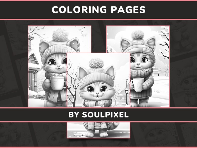 20 Snowy Kitten Sips Coloring Pages for Adults Set 1 Anthropomorphic ...