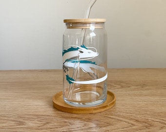 Haku Can Glass, Dragon Beer Can Glass,  Iced Coffee Glass, Housewarming Gift for Anime Fan, Can Glass With Lid and Straw, Year of the Dragon