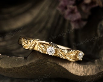 Vintage Leaf Flower Diamond Engagement Ring Alternative Ring Unique Yellow Gold Ring Art Deco Promise Ring Twisted Anniversary Ring For Her