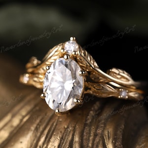 Vintage oval cut moissanite engagement ring set Solid gold leaf ring diamond cluster ring Handmade bridal set Unique Leaf vine curved band