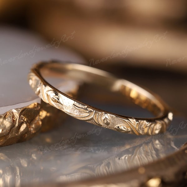 14k Gold leaf wedding band, Solid Gold leaf stacking ring nature inspired ring Vintage Promise Band gift for her Leaf design Straight band
