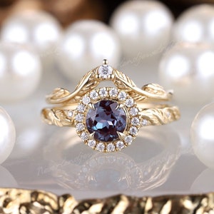 Unique Alexandrite Engagement ring set Diamond halo bridal set 14k solid gold ring leaf vine ring Curved wedding band nature inspire rings