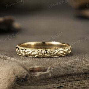 Vintage Yellow Gold Milgrain Wedding Ring Handmade Leaf Engraved Wedding Band Nature Inspired Floral Branch Wedding Dainty Bridal Band