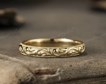 Vintage Yellow Gold Milgrain Wedding Ring Handmade Leaf Engraved Wedding Band Nature Inspired Floral Branch Wedding Dainty Bridal Band
