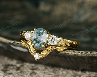 Vintage Moss agate Engagement Ring Set Moissanite Cluster Wedding Ring Set Three stone Ring Inspired Leaf Engraving Yellow Gold Wedding Ring