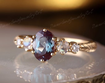 Vintage Oval shaped Alexandrite Engagement Ring Moonstone cluster Wedding Ring Diamond cluster ring Handmade Jewelry Unique Leaf Pave Band