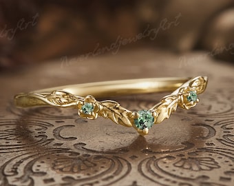 Antique Green Sapphire Wedding Band Yellow Gold Leaf Matching Ring Nature Inspired Ring Handmade Jewelry Rings Anniversary Gifts For Women
