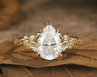 Einzigartige Moissanite Verlobungsring Gelbgold Gravierte Ehering Natur Inspiriert Ring Diamant Cluster Handgefertigte Ringe Für Frauen