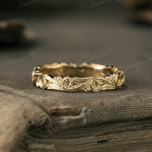 Vintage Filigree Wedding Band Unique Milgrain Yellow Gold Wedding Band Handmade Engrave Wedding Ring Art Deco Stacking Rings For Women