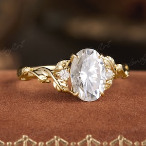 Anello di fidanzamento con moissanite ovale, fede nuziale a forma di foglia ispirata alla natura, anello di promessa in oro intrecciato