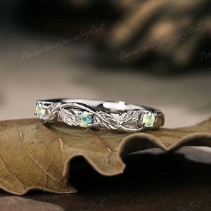 Vintage Green Sapphire Wedding Band Nature Inspired Leaf Branch Engraved Bridal Band Unique White Gold Straight Wedding Ring Stacking Ring