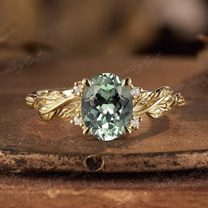 Vintage Green Sapphire Engagement Ring Nature Inspired Wedding Ring Leaves Rings Unique Yellow Gold Ring for Women Anniversary Gift for Her