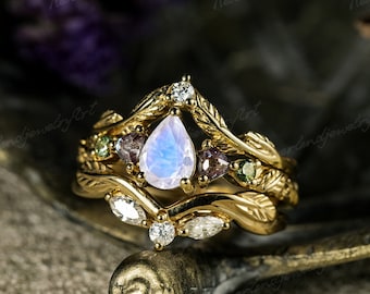 Unique Moonstone Engagement Ring Set Natural Inspired Leaf Engraved Diamond Ring Set Art Deco Triangle Alexandrite Green Sapphire Bridal Set