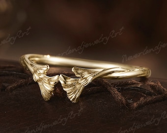 Unique Ginkgo Leaves Wedding Band Vintage Leaf Engraving Wedding Ring Yellow Gold Ring Custom Leaf Matching Rings Personalized Jewelry