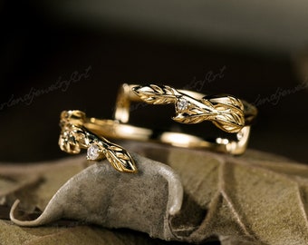 Vintage Diamond Wedding Band Nature Inspired Leaf Design Enhancer Wedding Ring Art Deco Branch Vines Wedding Band Handmade Promise Ring