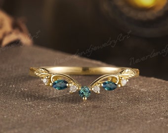 Vintage Teal Sapphire Wedding Band Yellow Gold Unique Natural Inspired Ring Curved Stacking Wedding Band Diamond Matching Rings For Women