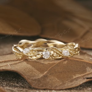 Vintage Leaf Diamond Engagement Ring Nature Inspired Leaf Floral Gold Wedding Ring Ring Moissanite Full Eternity Wedding Band Handmade Ring