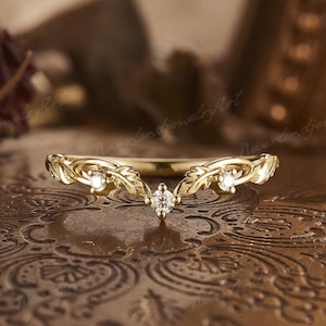 Leaf Curved Wedding Band Yellow Gold Ring Leaf Diamond Matching Ring Diamond Vintage Nature Inspired Wedding Ring Promise Gifts For Women