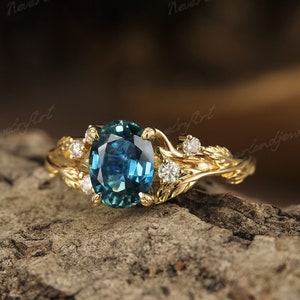 Vintage Teal Sapphire Engagement Ring Nature Inspired Leaf Engraving Wedding Ring Handmade Jewelry Diamond Leaf Gold Ring Promise Ring