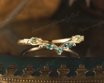Art Deco Green Sapphire Wedding Band Yellow Gold Vintage Leaf Wedding Ring Branch Design Stackable Rings Unique Wedding Bands Women
