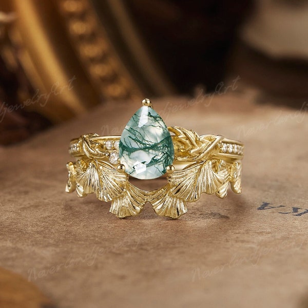 Pear Shaped Moss Agate Engagement Ring Set Nature Inspired Leaf Floral Ring Diamond Cluster Wedding Ring Ginkgo biloba Curved Wedding Band